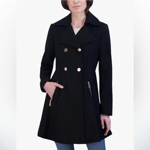 LAUNDRY Double-Breasted Melton Fit & Flare Skirted Pea Coat Black PS SP $315